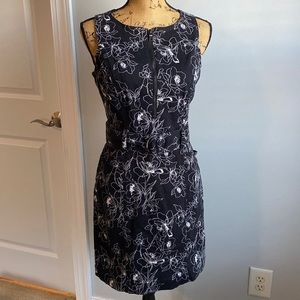 WHBM stretch denim dress.  Black and white floral belted.